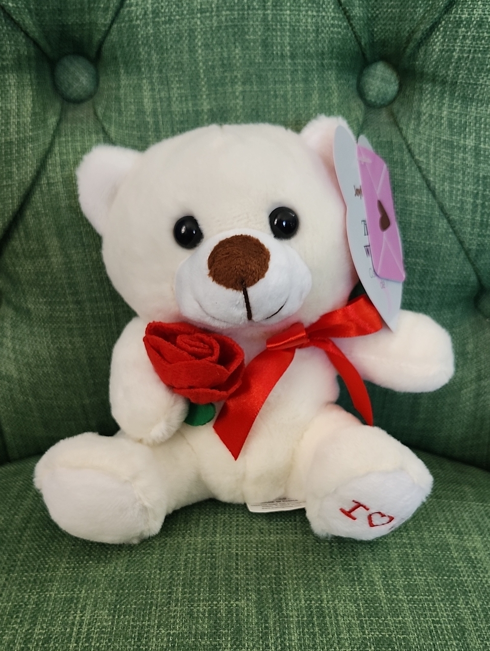 White Plush Teddy Bear with Red Rose and Bow - Kids Toy